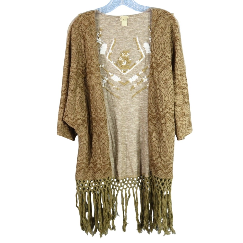 GIMMICKS by BKE Brown Knit Top OPEN KIMONO Fringe Hem EMBROIDERED BACK Crochet L